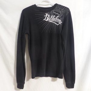 BILLABONG, black long sleeve graphic shirt, silver and white print design, GUC